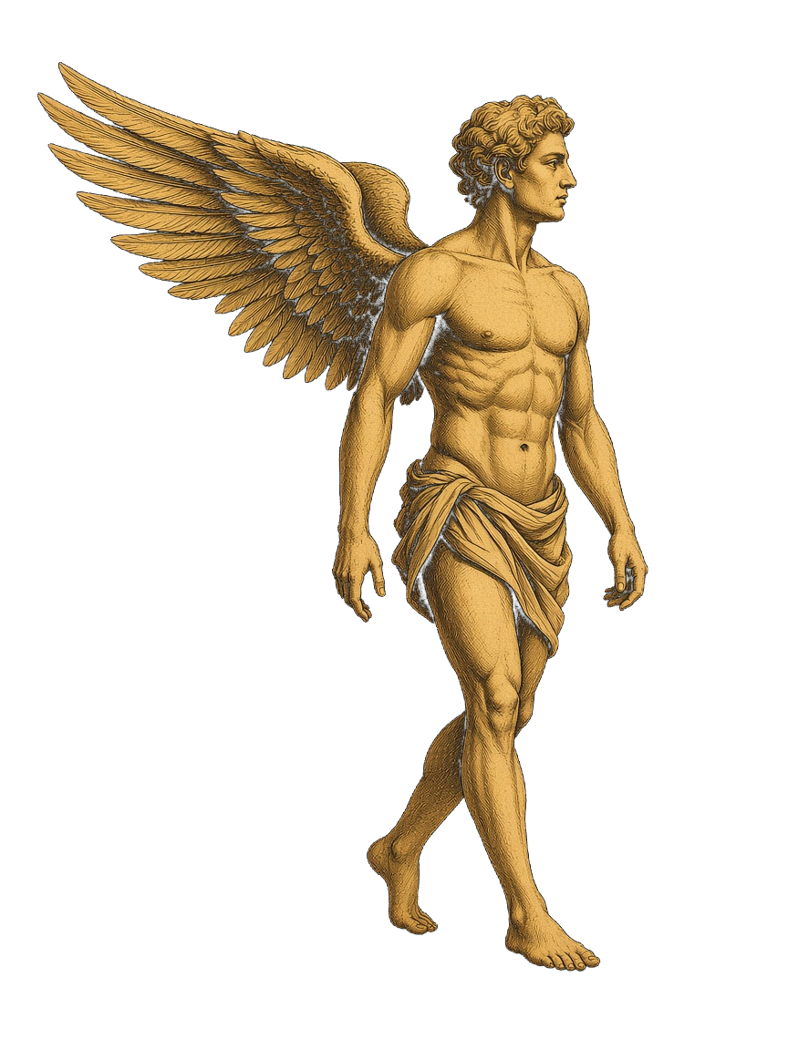 Classical winged figure, the emblem of Daedalus Health